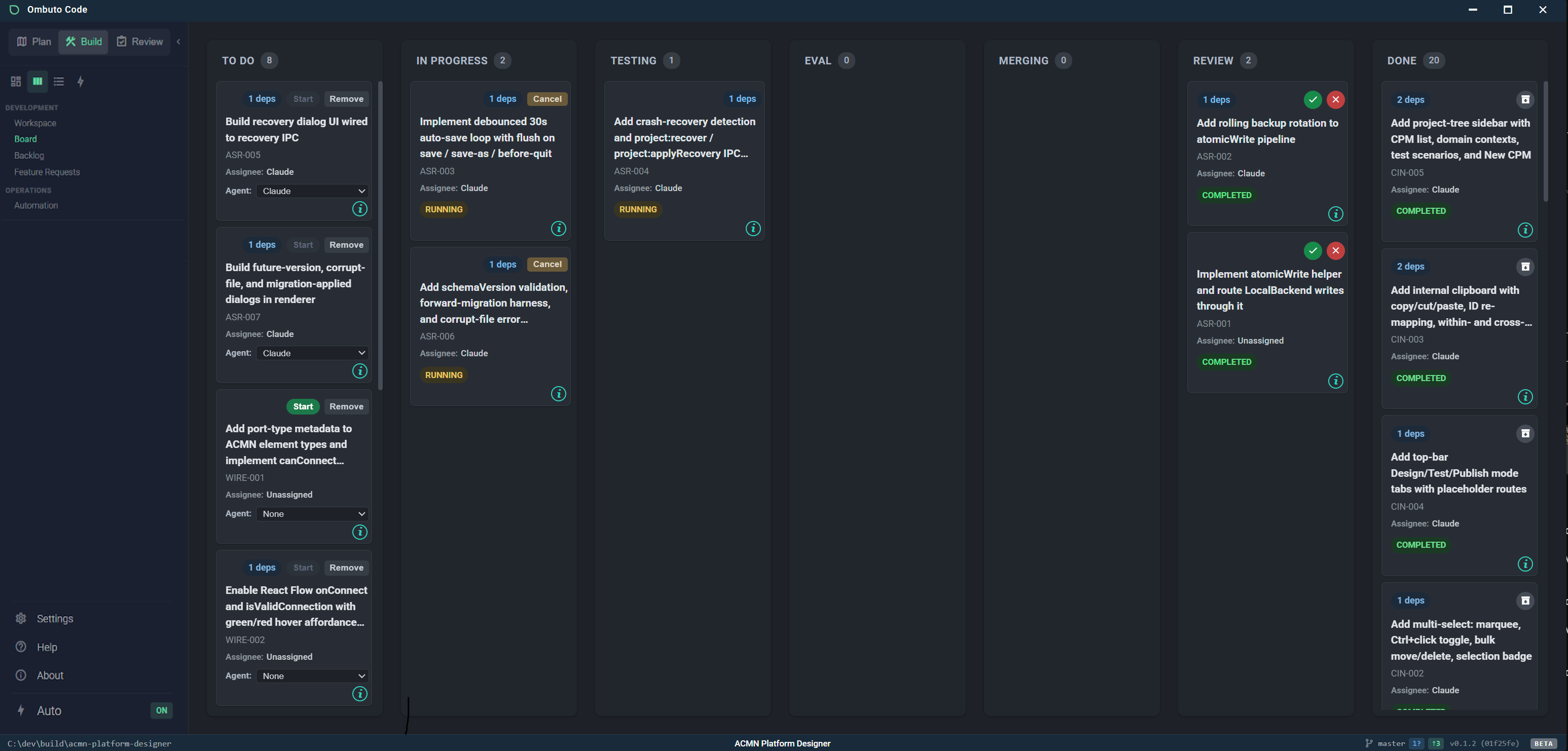 Ombuto Code — Build Mode: Kanban board